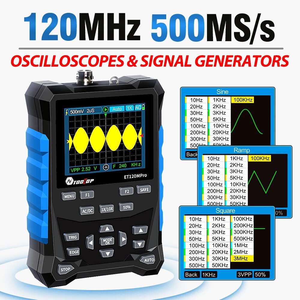 Signal Generator Spectrum Analyzer - Tooltop et120mpro portátil 120mhz 500 ms/s